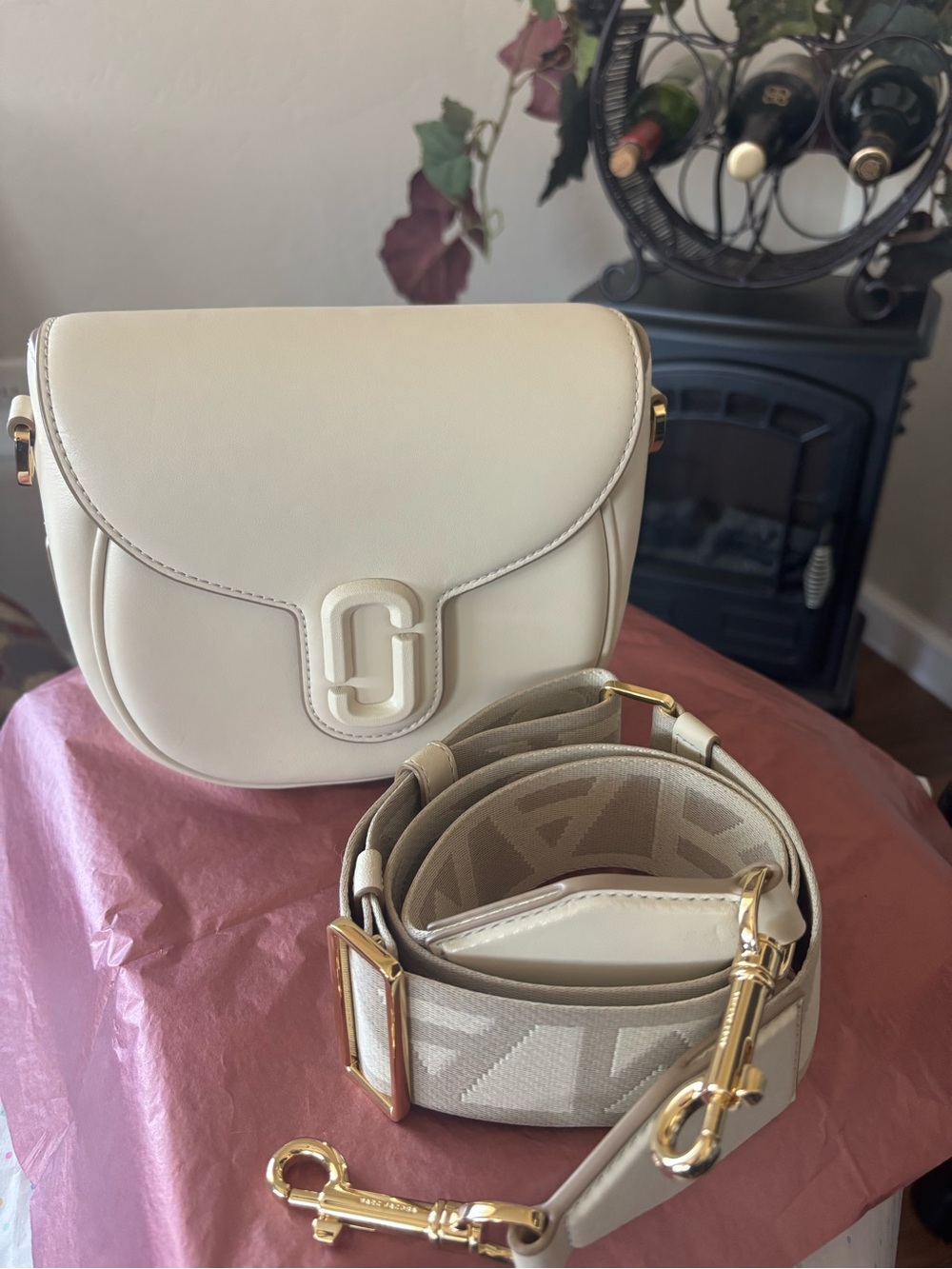 Marc Jacobs Beige Crossbody Saddle Bag with Wide Logo Strap
